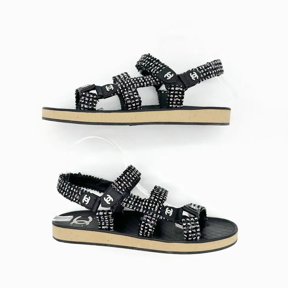 CHANEL Black Tweed Sequin Crystal Interlocking CC Dad Sandal Size 39.5 Slingback